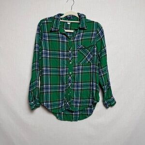 Aerie Green and Blue Plaid Flannel Button Down Shirt Size Small